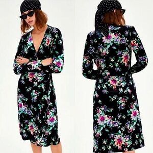 Zara black velvet floral wrap dress